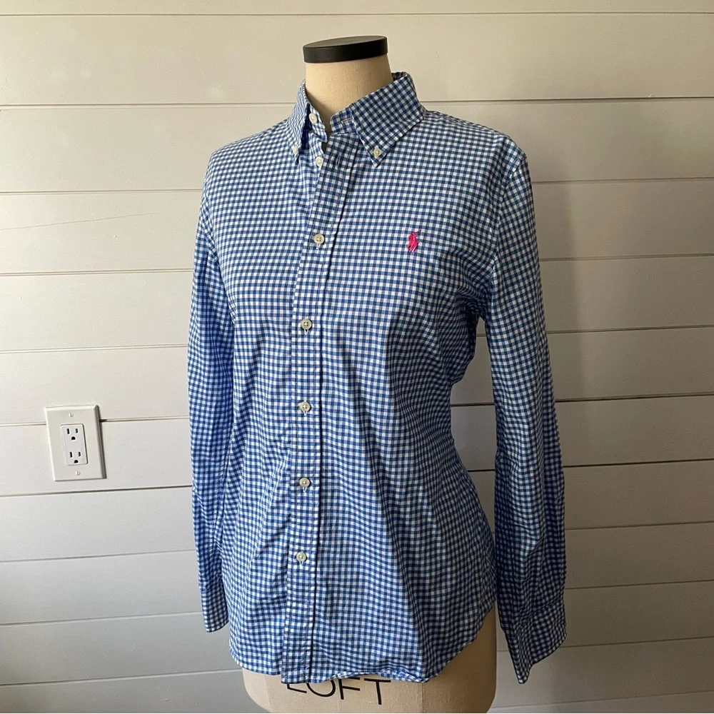 Ralph Lauren - Women’s Custom Fit size 12- Blue Gingham Button Up - Picture 1 of 10